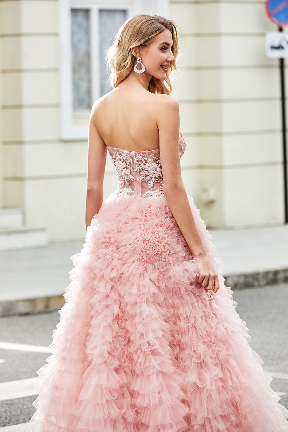 A-Line Strapless Beaded Blush Tiered Long Ball Dress With Appliques