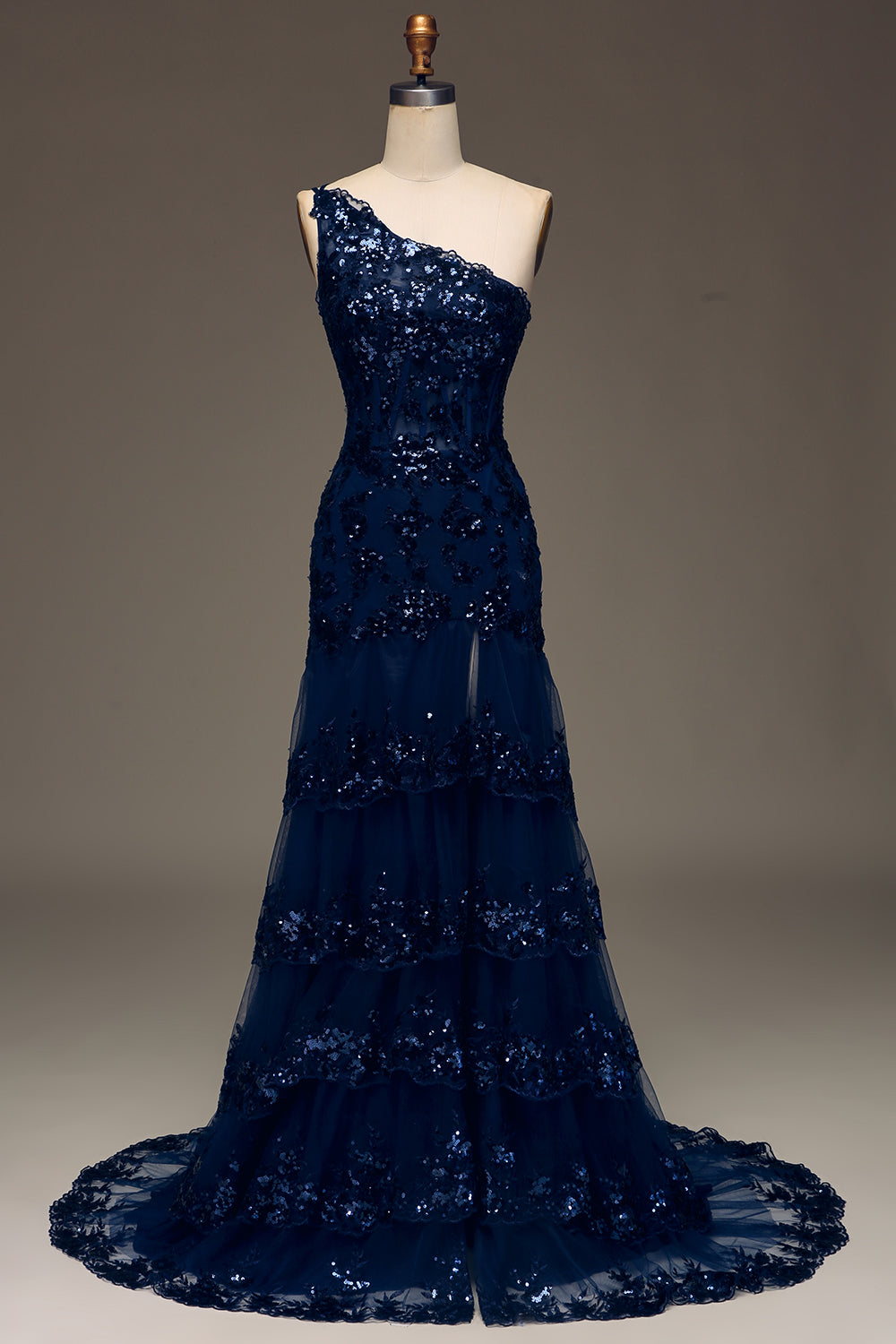 Sparkly Dark Navy Tiered Lace One Shoulder Long Ball Dress with Slit