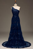 Sparkly Dark Navy Tiered Lace One Shoulder Long Ball Dress with Slit