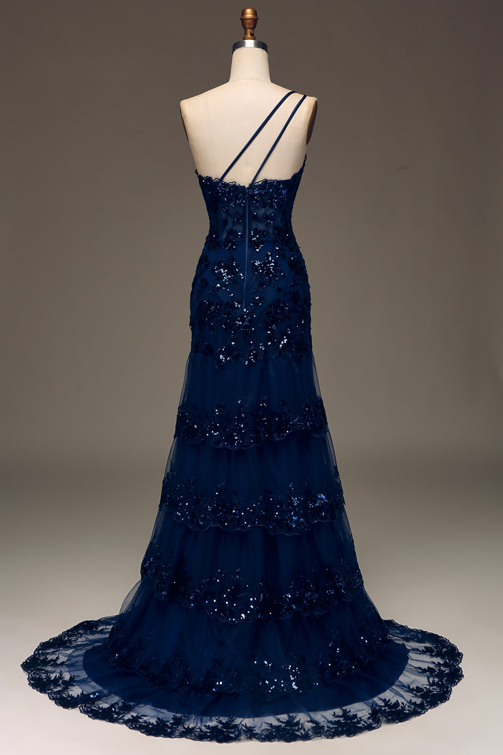 Sparkly Dark Navy Tiered Lace One Shoulder Long Ball Dress with Slit