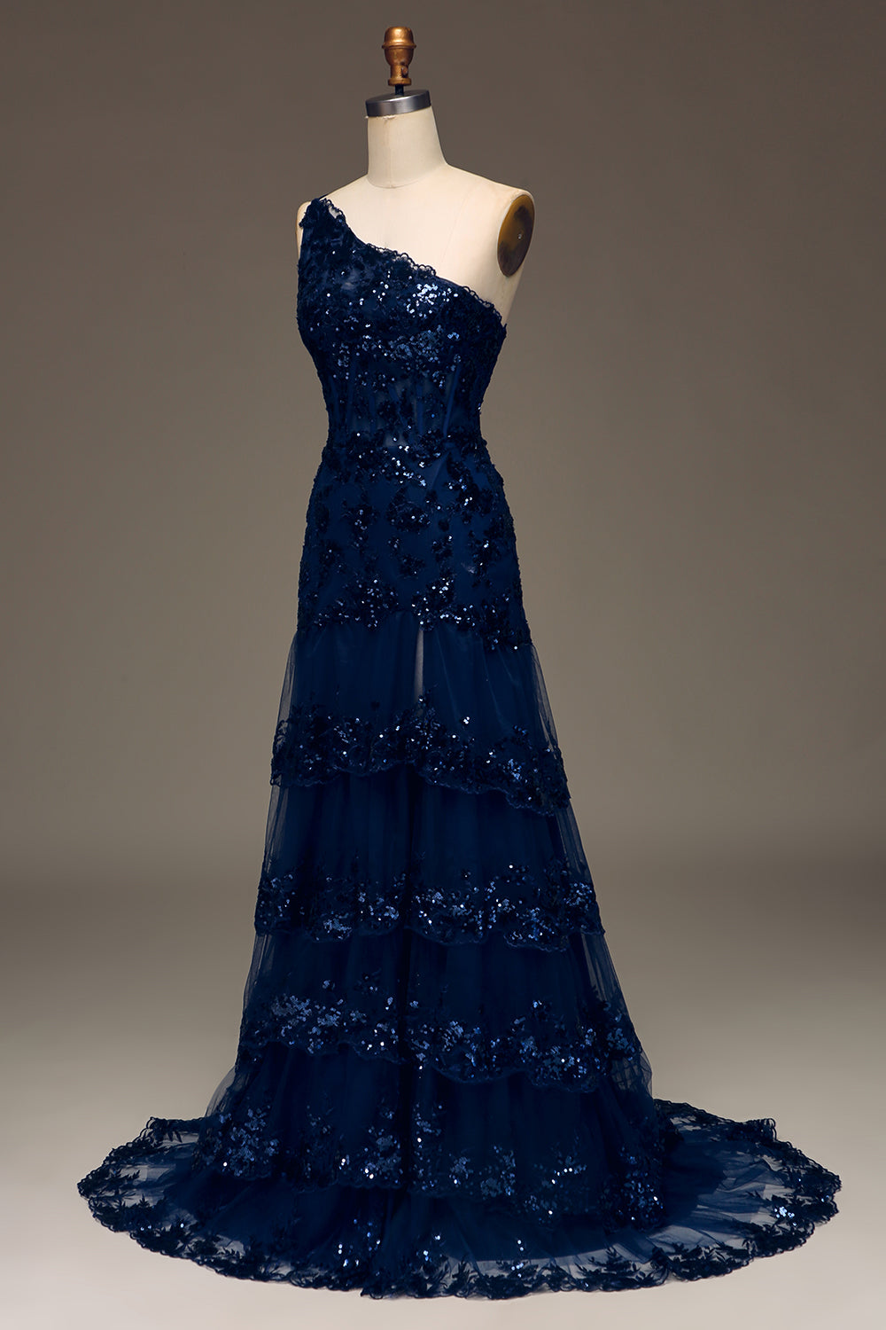 Sparkly Dark Navy Tiered Lace One Shoulder Long Ball Dress with Slit