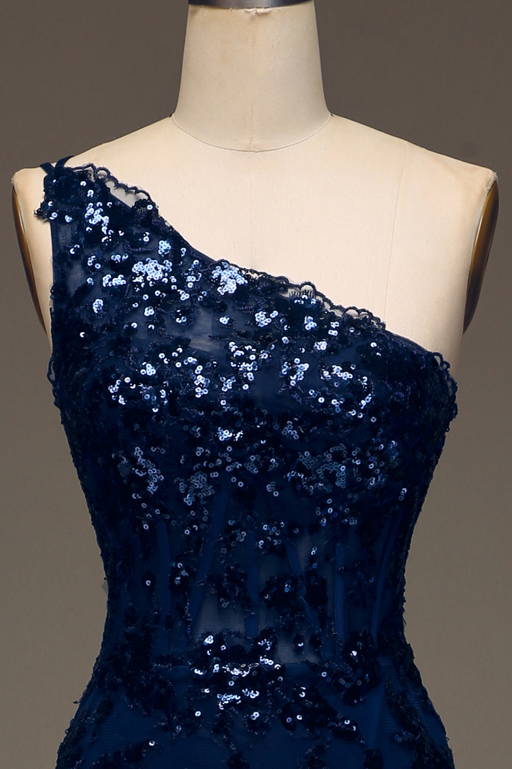Sparkly Dark Navy Tiered Lace One Shoulder Long Ball Dress with Slit