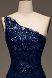 Sparkly Dark Navy Tiered Lace One Shoulder Long Ball Dress with Slit