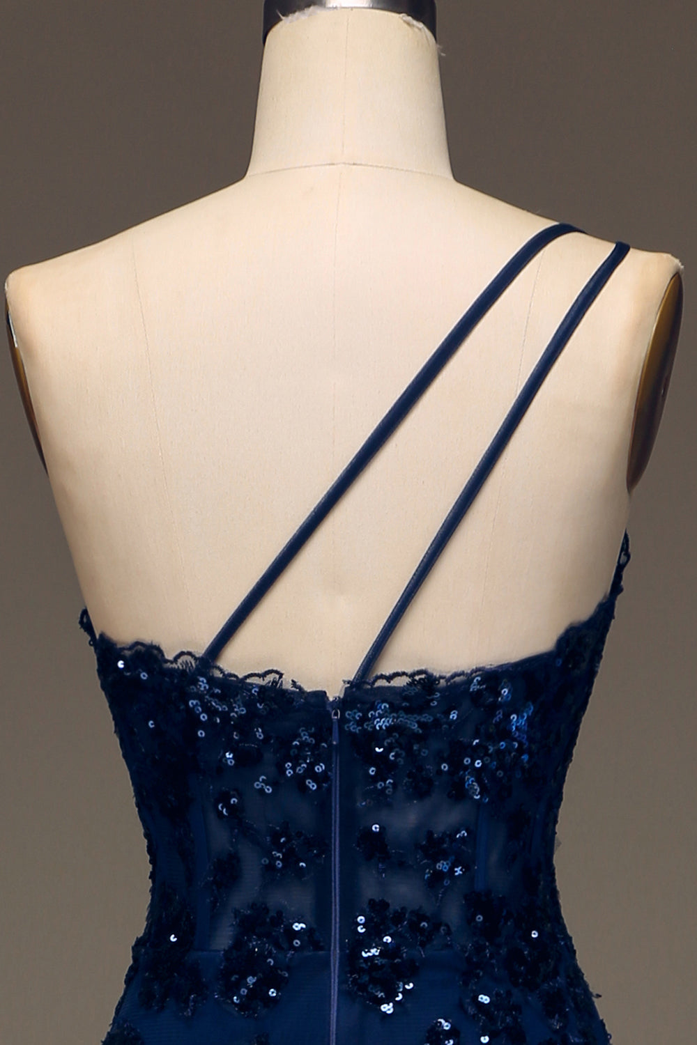 Sparkly Dark Navy Tiered Lace One Shoulder Long Ball Dress with Slit