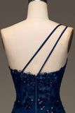 Sparkly Dark Navy Tiered Lace One Shoulder Long Ball Dress with Slit