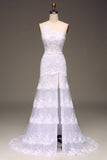 Sparkly Dark Navy Tiered Lace One Shoulder Long Ball Dress with Slit