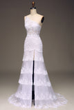 Sparkly Dark Navy Tiered Lace One Shoulder Long Ball Dress with Slit