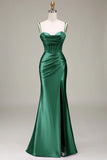 Dark Green Mermaid Spaghetti Straps Corset Ball Dress with Split Front