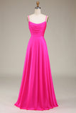 Hot Pink Spaghetti Straps A-Line Ball Dress with Pleated