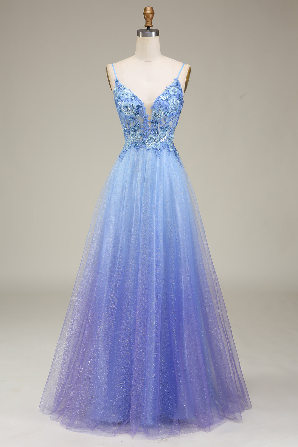 Sparkly Blue A-Line Long Tulle Ball Dress with Appliques