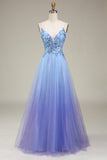 Sparkly Blue A-Line Long Tulle Ball Dress with Appliques