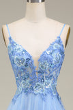 Sparkly Blue A-Line Long Tulle Ball Dress with Appliques