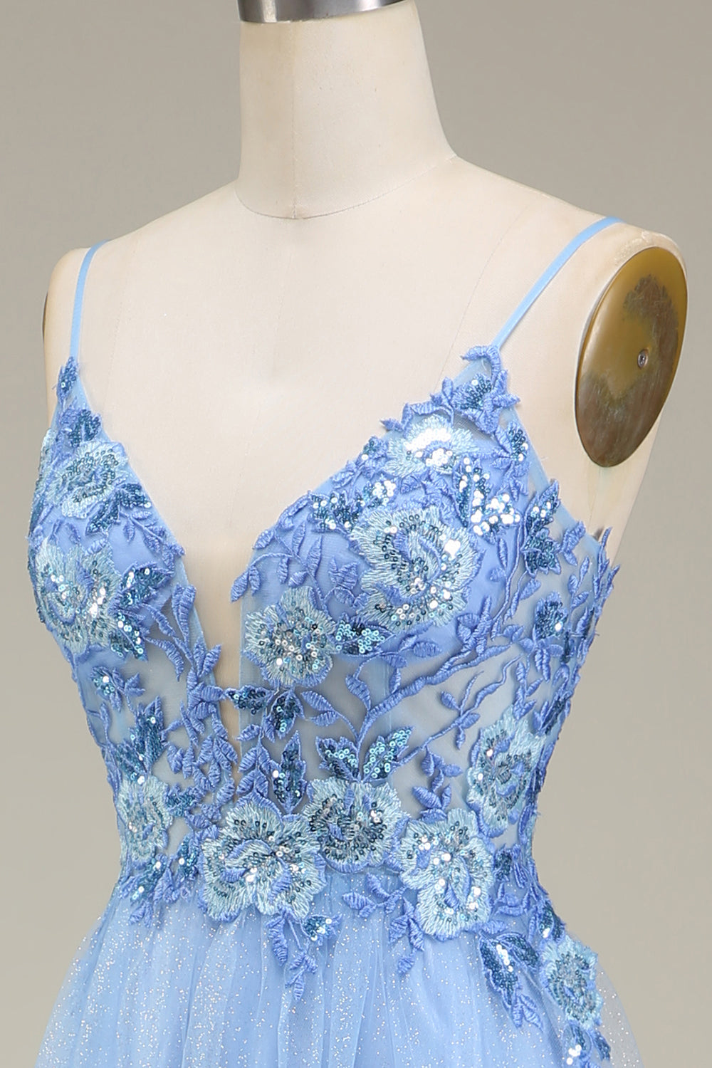 Sparkly Blue A-Line Long Tulle Ball Dress with Appliques
