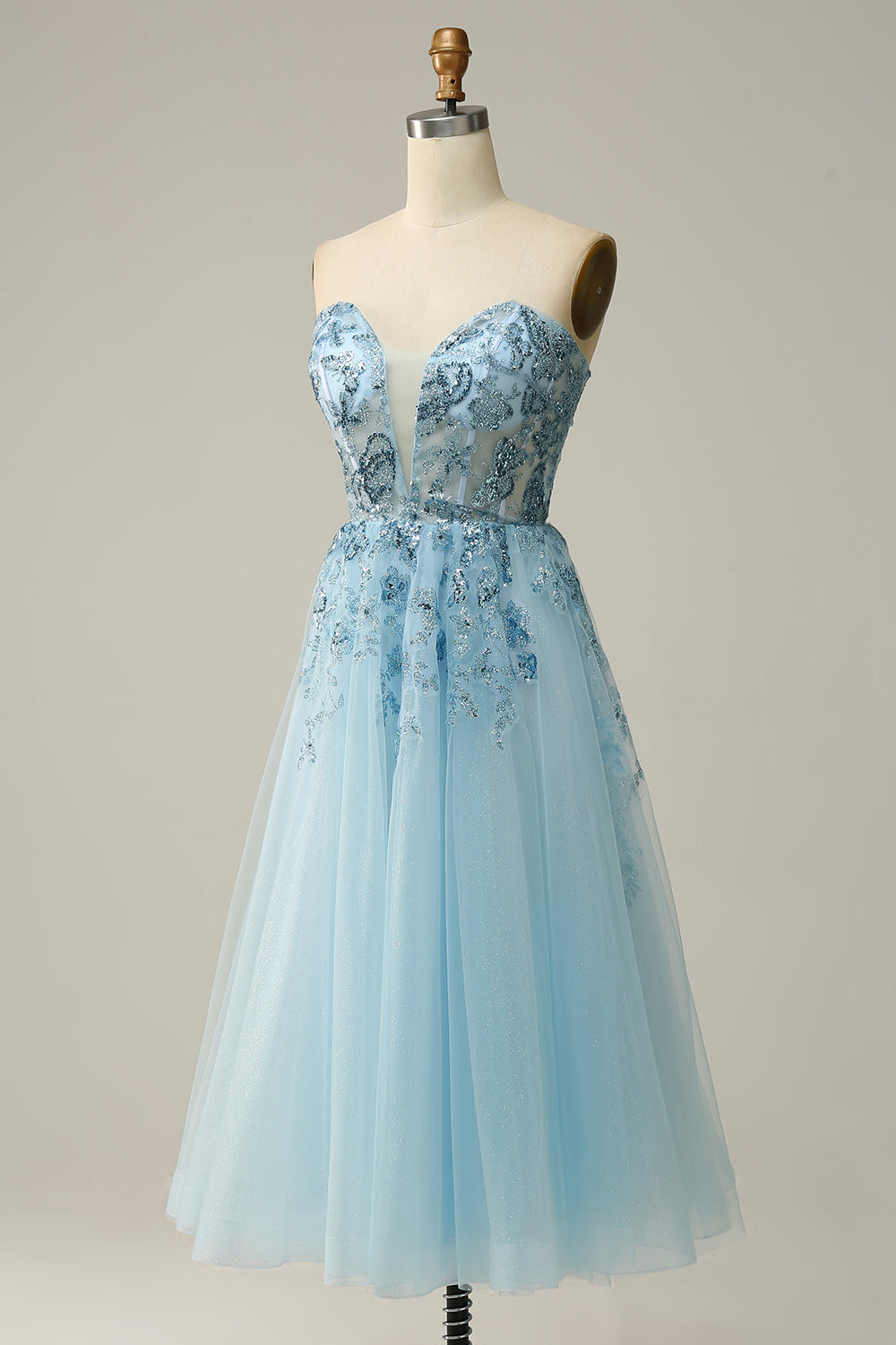 A Line Midi Sweetheart Sequins Sky Blue Ball Dress