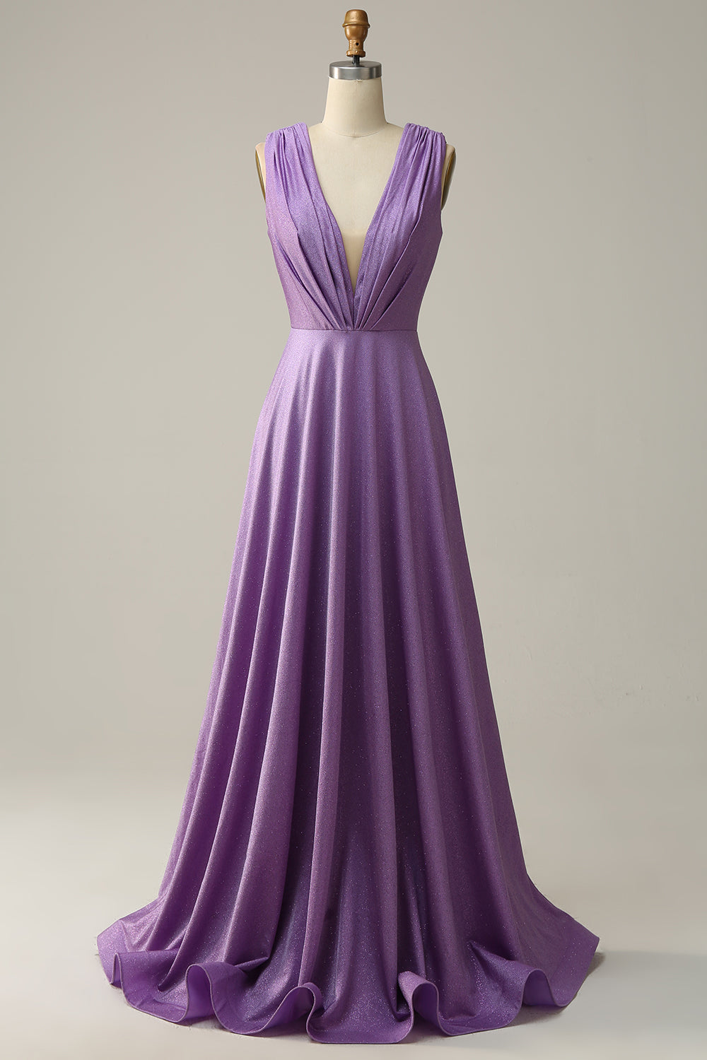 A Line Deep V Neck Purple Sleeveless Long Ball Dress