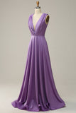 A Line Deep V Neck Purple Sleeveless Long Ball Dress