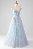 Sparkly Light Blue A-Line Off the Shoulder Long Corset Ball Dress