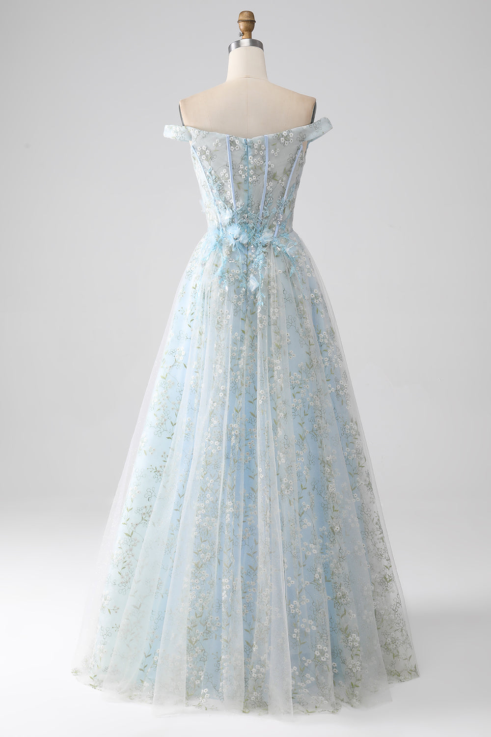 Sparkly Light Blue A-Line Off the Shoulder Long Corset Ball Dress