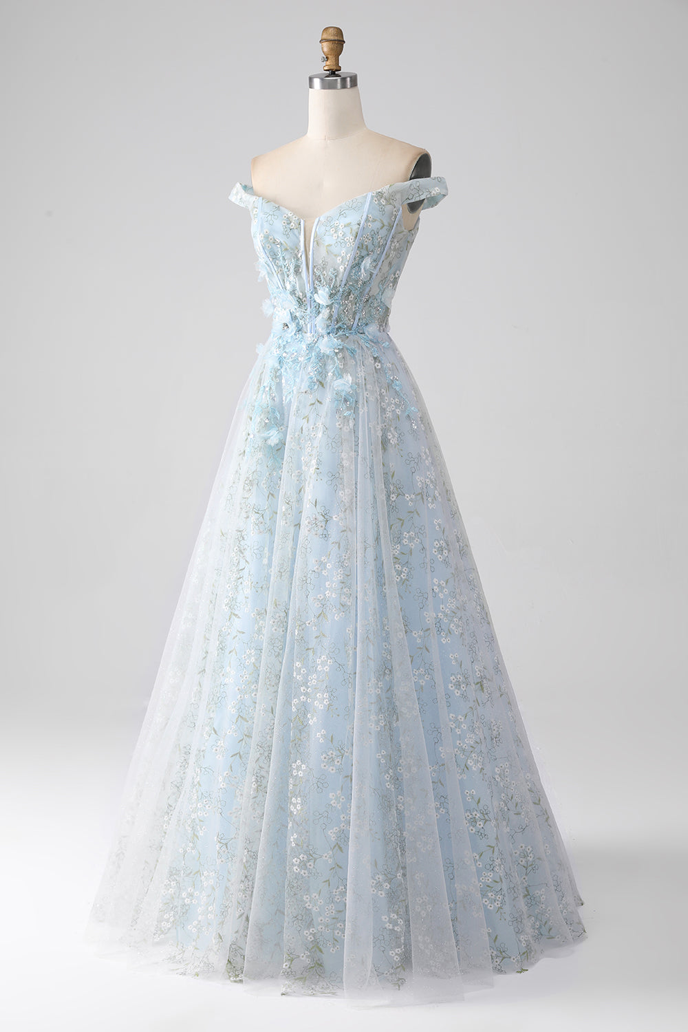 Sparkly Light Blue A-Line Off the Shoulder Long Corset Ball Dress