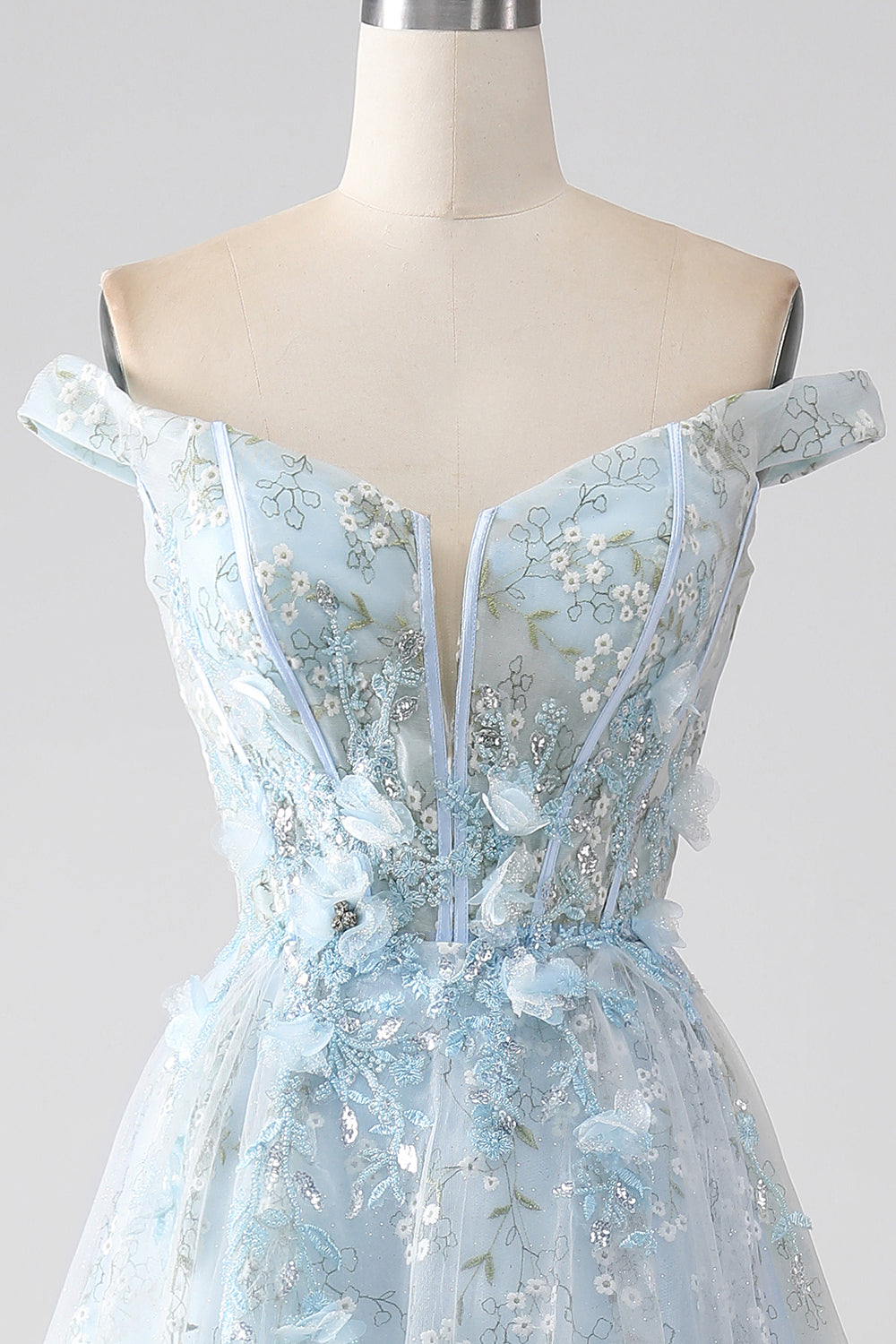 Sparkly Light Blue A-Line Off the Shoulder Long Corset Ball Dress