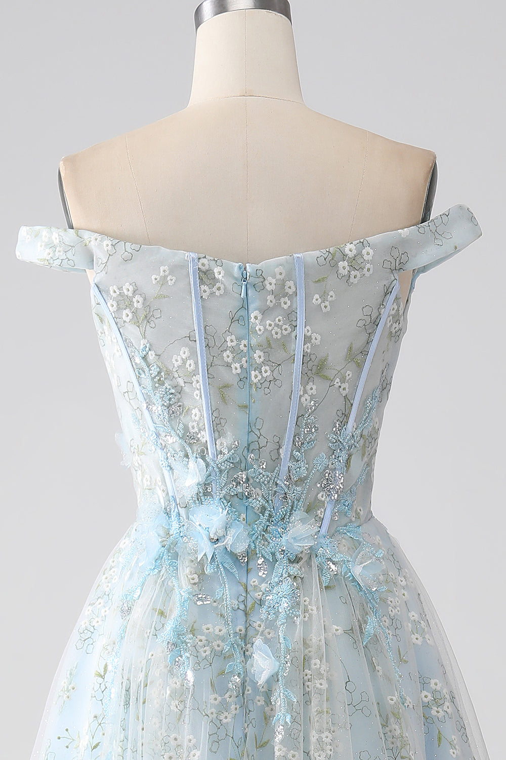 Sparkly Light Blue A-Line Off the Shoulder Long Corset Ball Dress