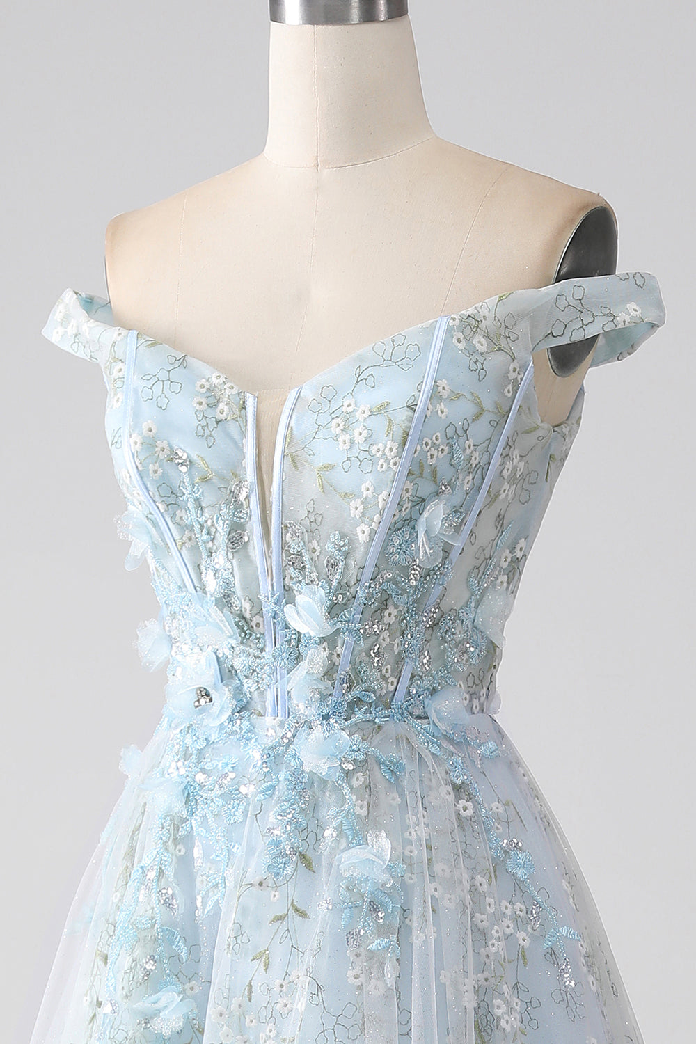 Sparkly Light Blue A-Line Off the Shoulder Long Corset Ball Dress