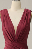 Mermaid Deep V Neck Burgundy Sleeveless Long Ball Dress