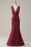 Mermaid Deep V Neck Burgundy Sleeveless Long Ball Dress