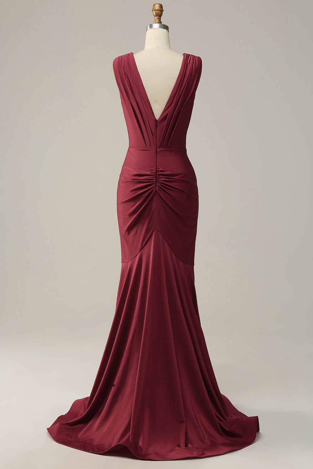 Mermaid Deep V Neck Burgundy Sleeveless Long Ball Dress