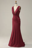 Mermaid Deep V Neck Burgundy Sleeveless Long Ball Dress
