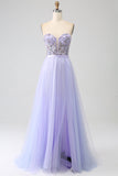 Lavender A Line Sweetheart Tulle Corset Ball Dress with Slit