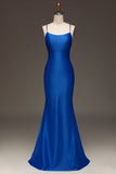Simple Royal Blue Satin Mermaid Long Ball Dress
