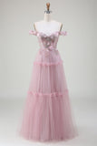 Pink A-Line Off the Shoulder Tulle Long Ball Dress with Appliques