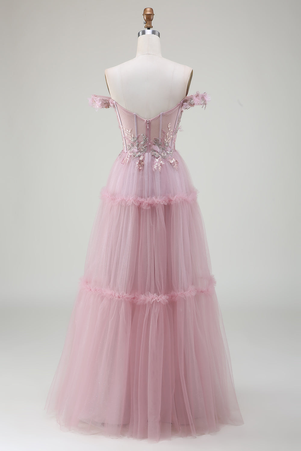 Pink A-Line Off the Shoulder Tulle Long Ball Dress with Appliques