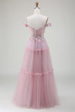 Pink A-Line Off the Shoulder Tulle Long Ball Dress with Appliques