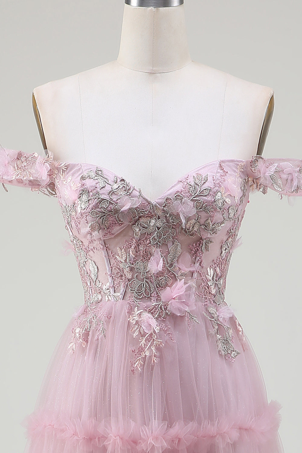 Pink A-Line Off the Shoulder Tulle Long Ball Dress with Appliques