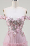 Pink A-Line Off the Shoulder Tulle Long Ball Dress with Appliques