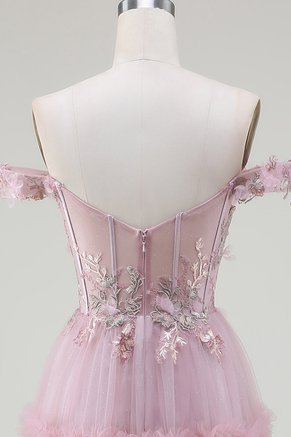 Pink A-Line Off the Shoulder Tulle Long Ball Dress with Appliques