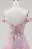Pink A-Line Off the Shoulder Tulle Long Ball Dress with Appliques
