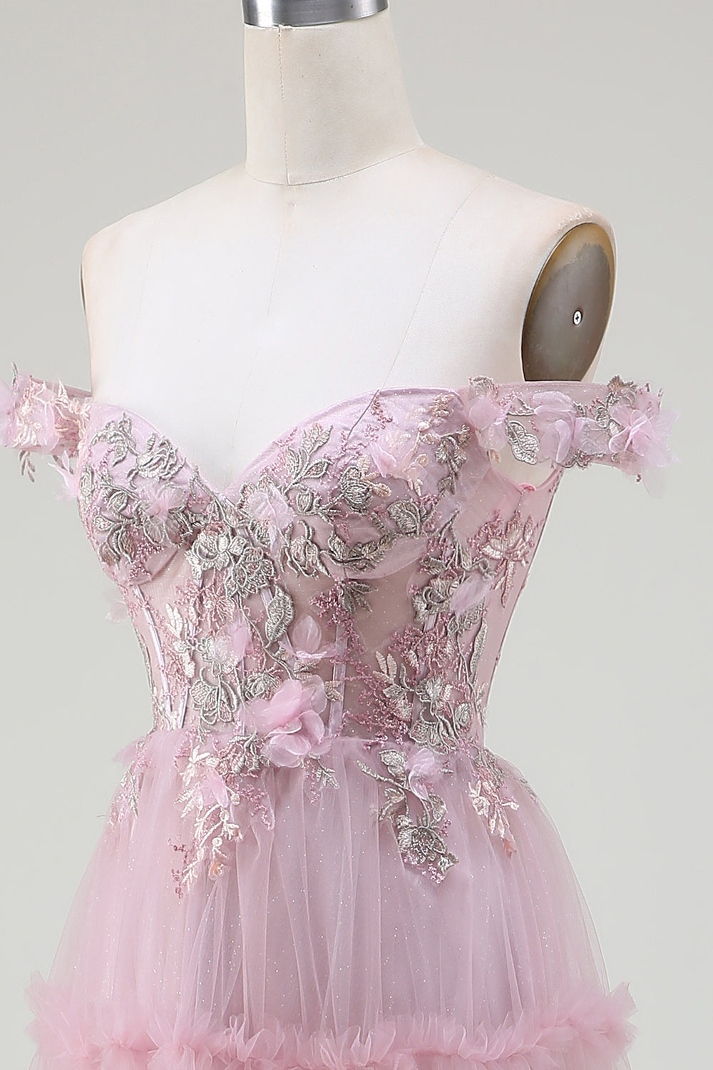 Pink A-Line Off the Shoulder Tulle Long Ball Dress with Appliques