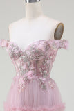 Pink A-Line Off the Shoulder Tulle Long Ball Dress with Appliques