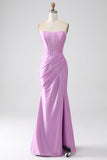 Strapless Purple Mermaid Corset Pleated Ball Dress with Pleated