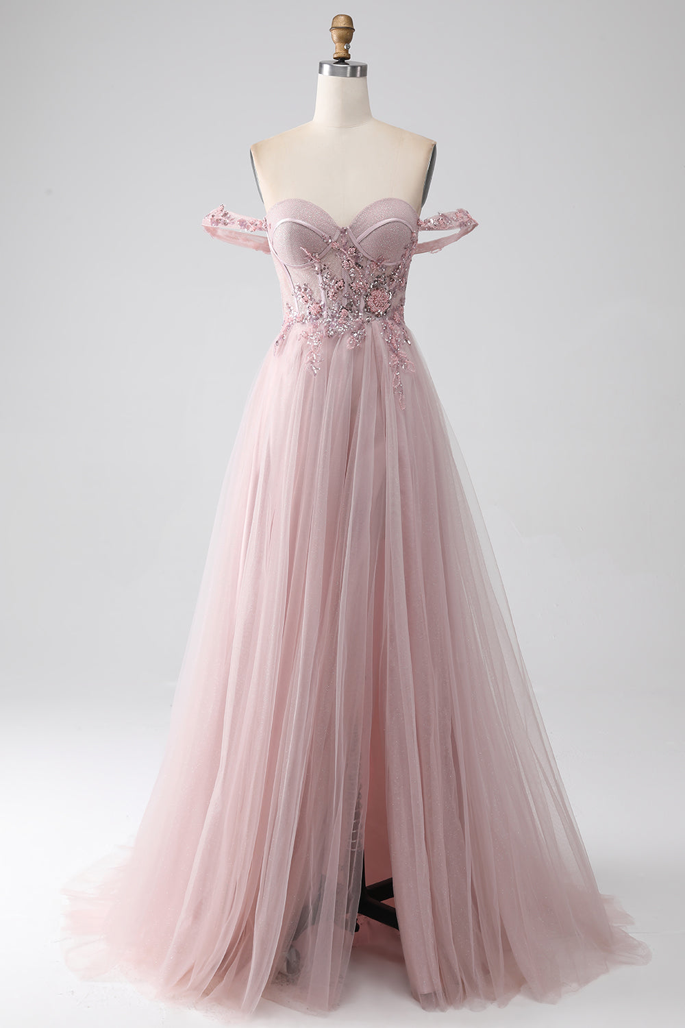 Blush A Line Off the Shoulder Beaded Long Ball Dress with Slit