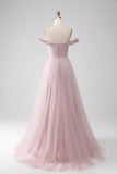 Blush A Line Off the Shoulder Beaded Long Ball Dress with Slit
