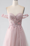 Blush A Line Off the Shoulder Beaded Long Ball Dress with Slit