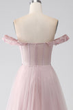 Blush A Line Off the Shoulder Beaded Long Ball Dress with Slit