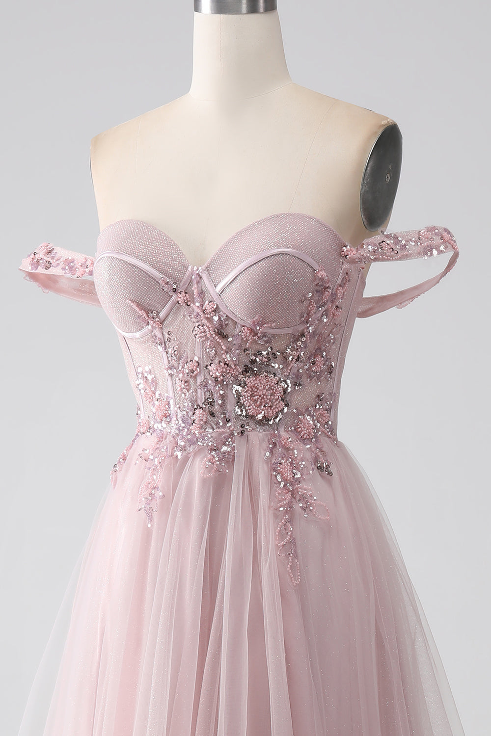 Blush A Line Off the Shoulder Beaded Long Ball Dress with Slit