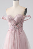 Blush A Line Off the Shoulder Beaded Long Ball Dress with Slit