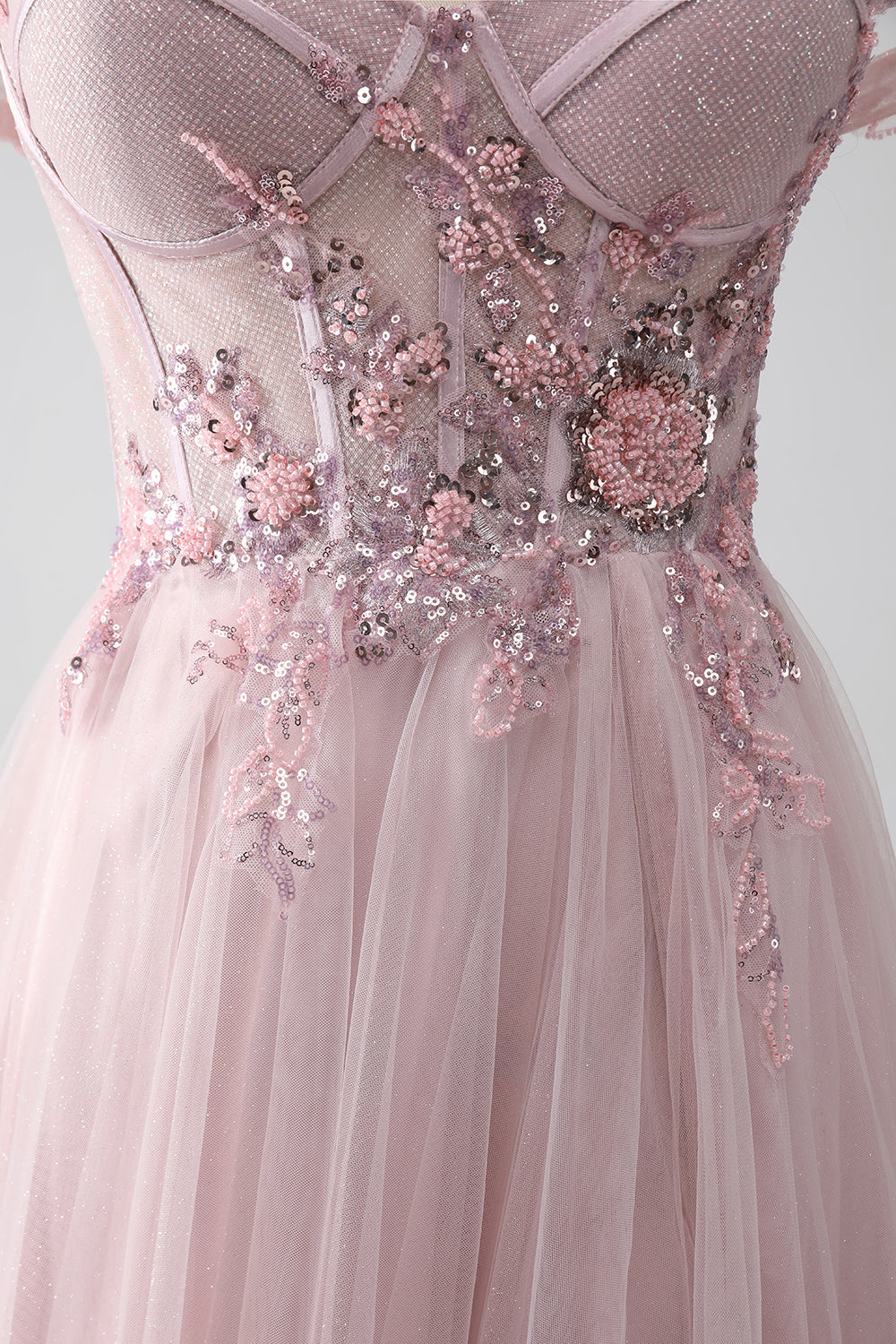 Blush A Line Off the Shoulder Beaded Long Ball Dress with Slit