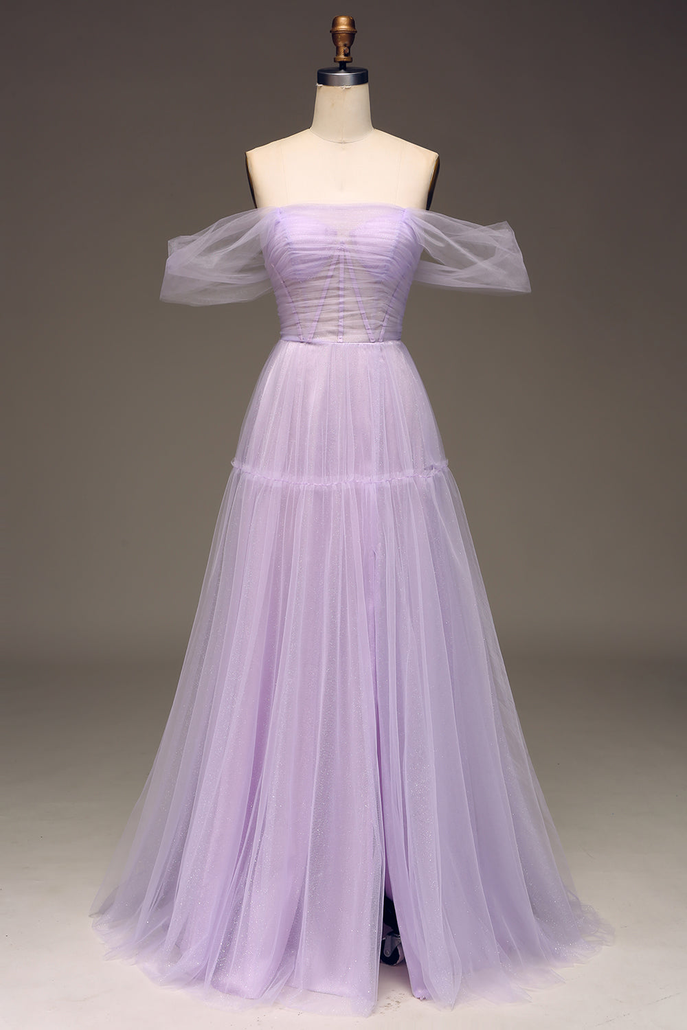 Lilac Off the Shoulder A Line Tulle Princess Ball Dress With Slit